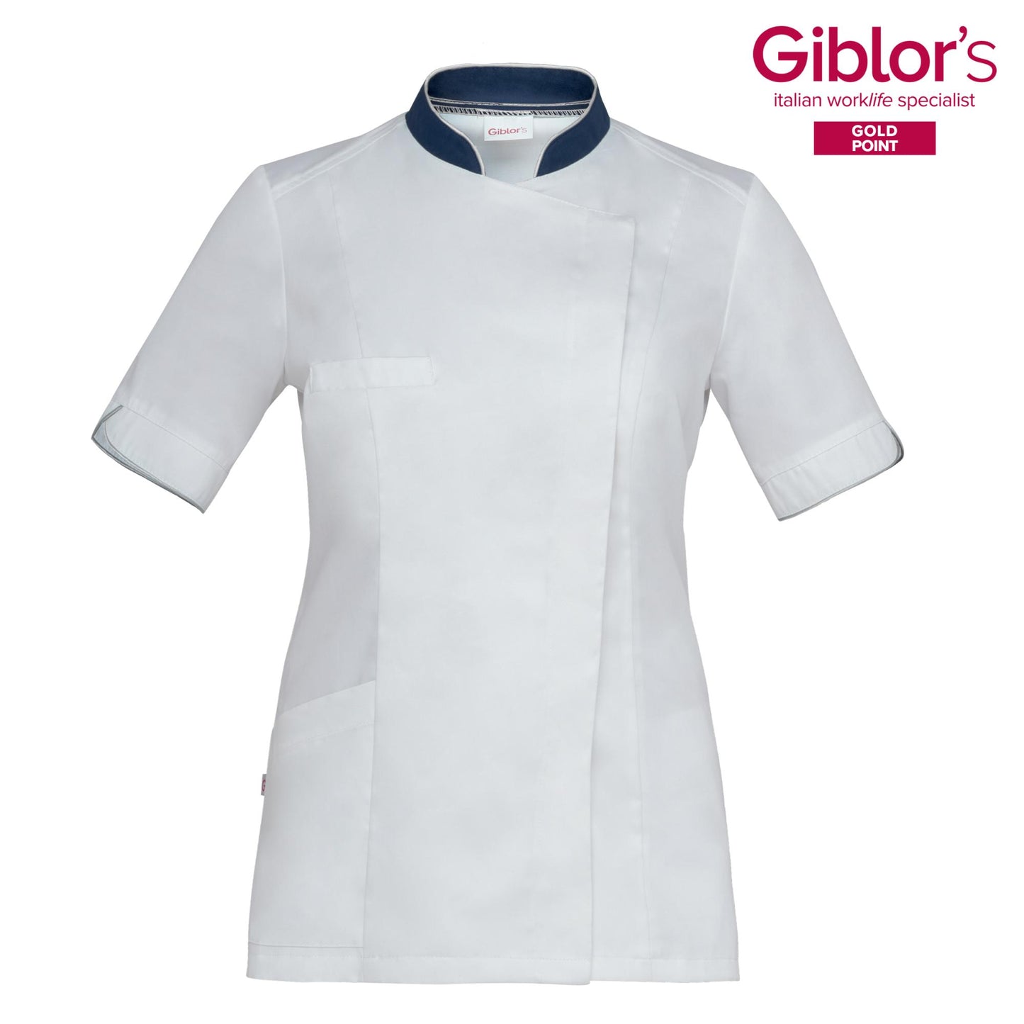 Casacca Donna Tania Bianco con Profili Blu Manica Corta Satin Facile Stiro Casacca Infermiera Casacca Medicale con inserti