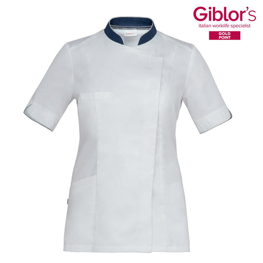 Casacca Donna Tania Bianco con Profili Blu Manica Corta Satin Facile Stiro Casacca Infermiera Casacca Medicale con inserti
