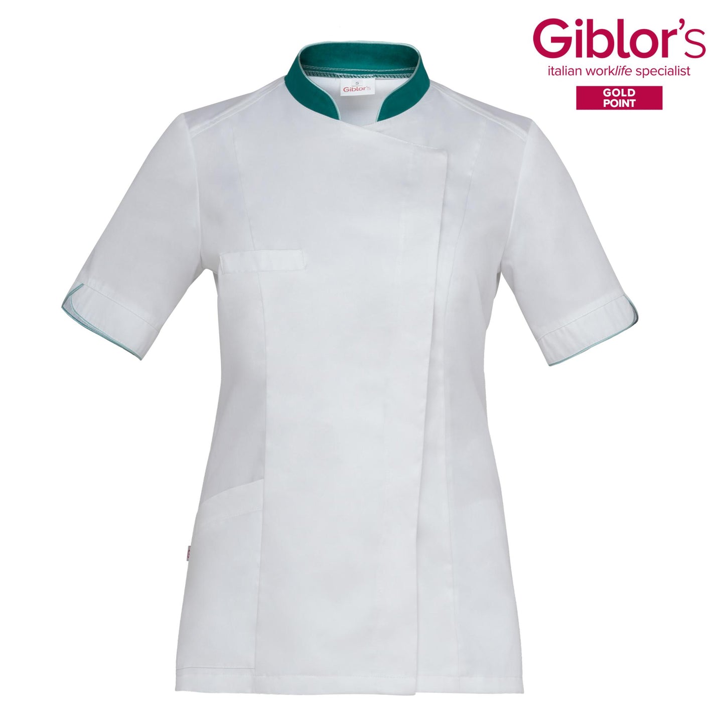 Casacca Donna Tania Bianco con Profili Verde Manica Corta Satin Facile Stiro Casacca Infermiera Casacca Medicale con inserti