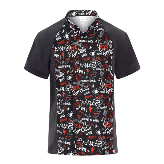 Giacca Javier Nero Rock Giacca Cuoco Manica Corta No Stiro Stampa Fantasia