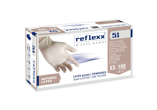 Guanti Lattice con Polvere 100 pz Reflexx Guanti uso medico Cat.1 contro rischio chimico e biologico Guanti uso alimentare